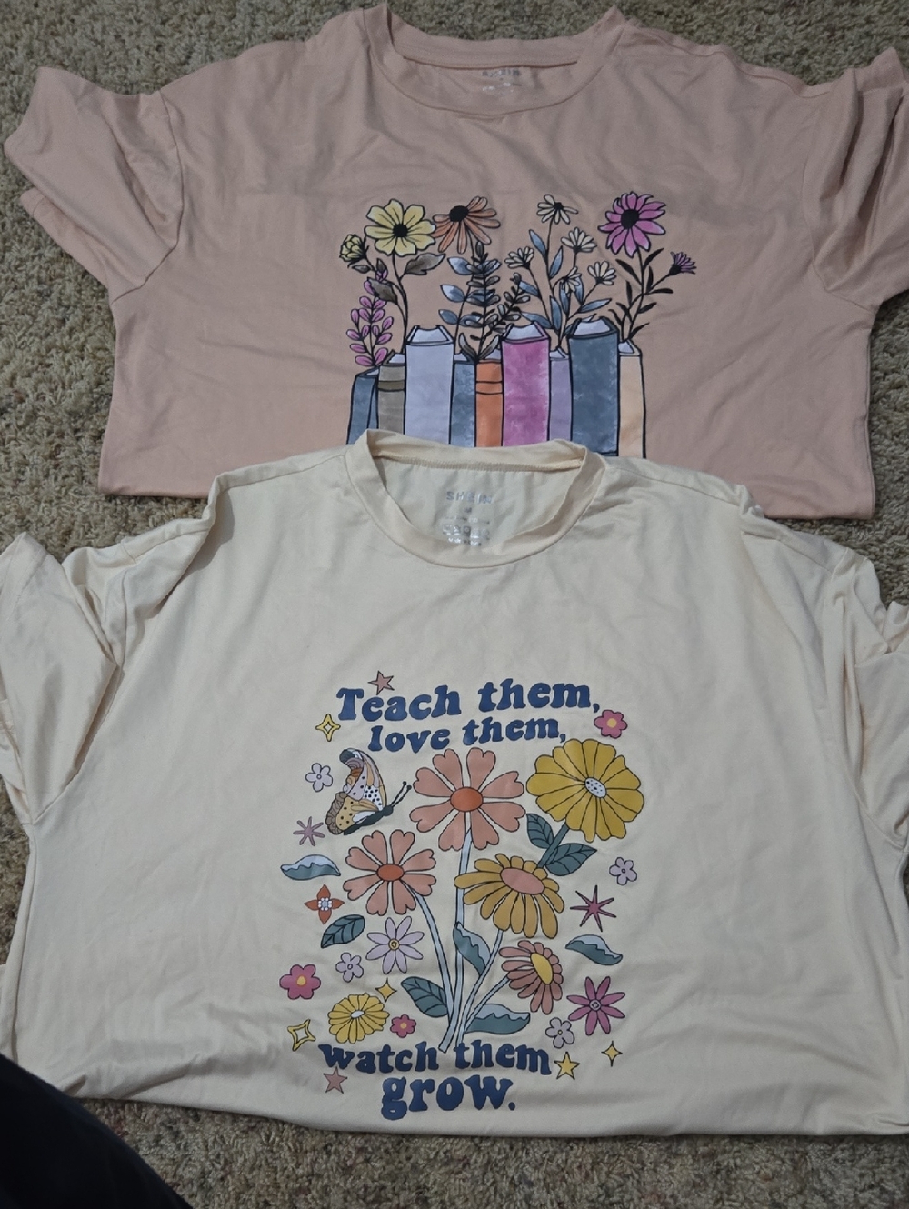 SHEIN Cream Graphic Tee with Yellow Pink Purple Blue Accents Great For Teachers